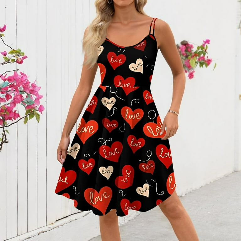 Yifymode Valentines Day Cocktail Women's Dress Vintage Sleeveless Heart Print Swing A Line Dress Vermilion M, Size: Medium Yifymode Valentines Day Cocktail Women's Dress Vintage Sleeveless Heart Print Swing A Line Dress Vermilion M, Size: Medium