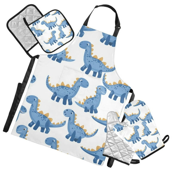 Cool Hand Drawn Dinosaurs 5 Pcs Kitchen Set Heat Resistant Oven Mitts and Non-Slip Pot Holders with Adjustable Cooking Apron