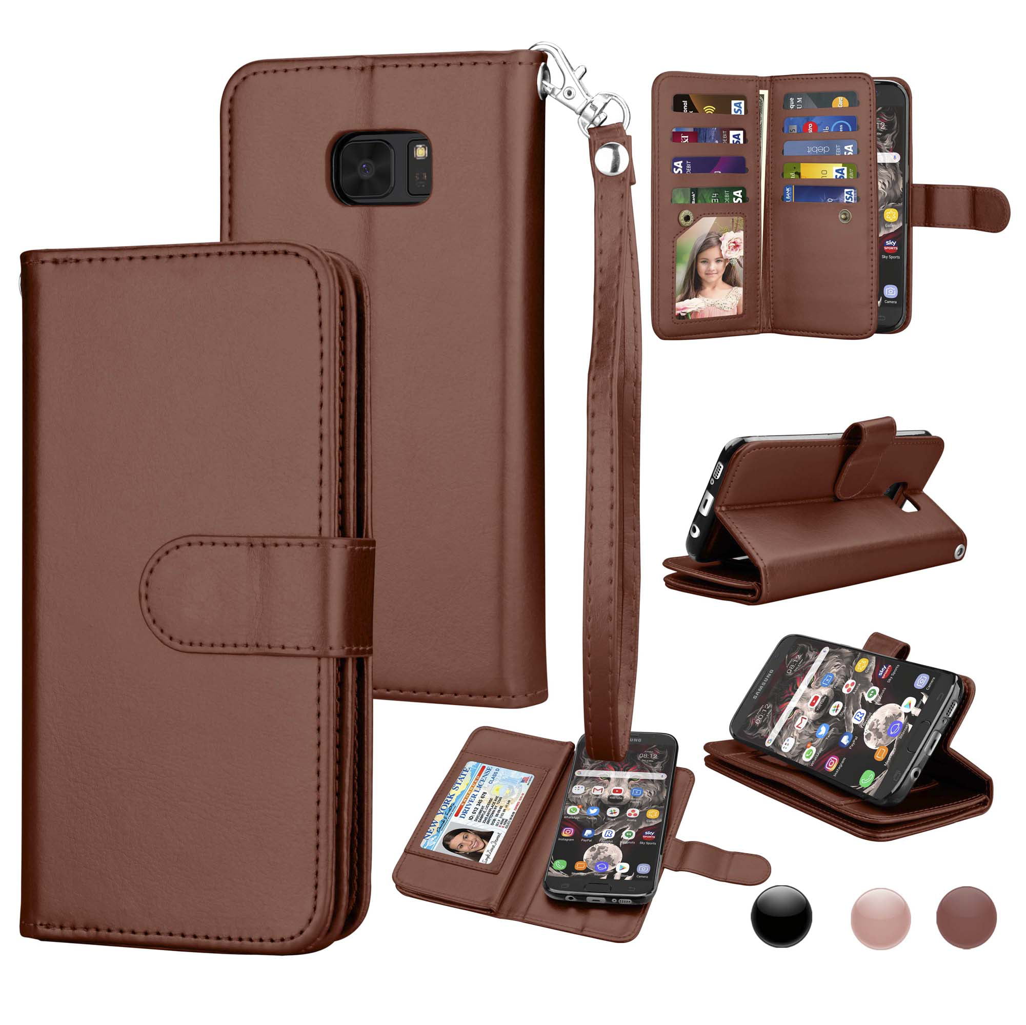 Leather Dual Wallet Folio TPU Cover 2 Large Pockets Double flap Privacy Multi Card Slots Snap Button Strap For Samsung Galaxy S7 Active G891 Dark Brown NEXTKIN Galaxy S7 Active Case