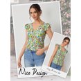 thumbnail image 6 of Nlife Women Floral Print V Neck Ruffle Short Sleeve Blouse, 6 of 7