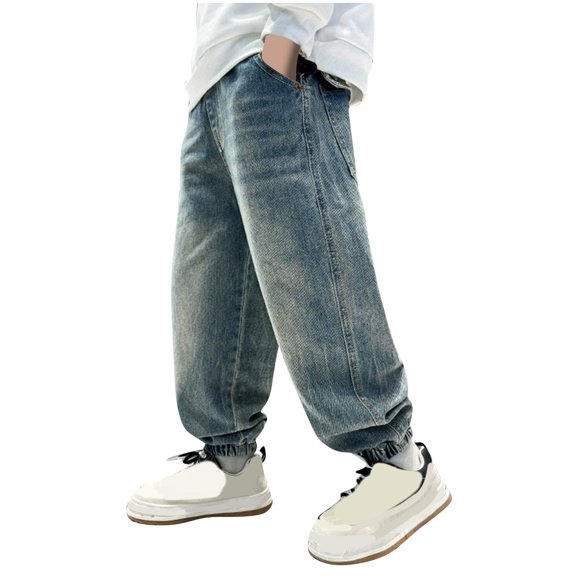 Klisyaur Boys Jogger Jeans Drawstring Elastic Waist Denim Pants Casual Loose School Trendy Trousers with Pockets
