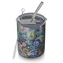 12oz Coffee Tumblers Blue Pioneer Flower and Paisley Pattern Stainless Steel Vacuum Insulated Travel Tumbler Coffee Cups Mug with Lid and Straw with Cleaning Brush for Cold & Hot Drinks