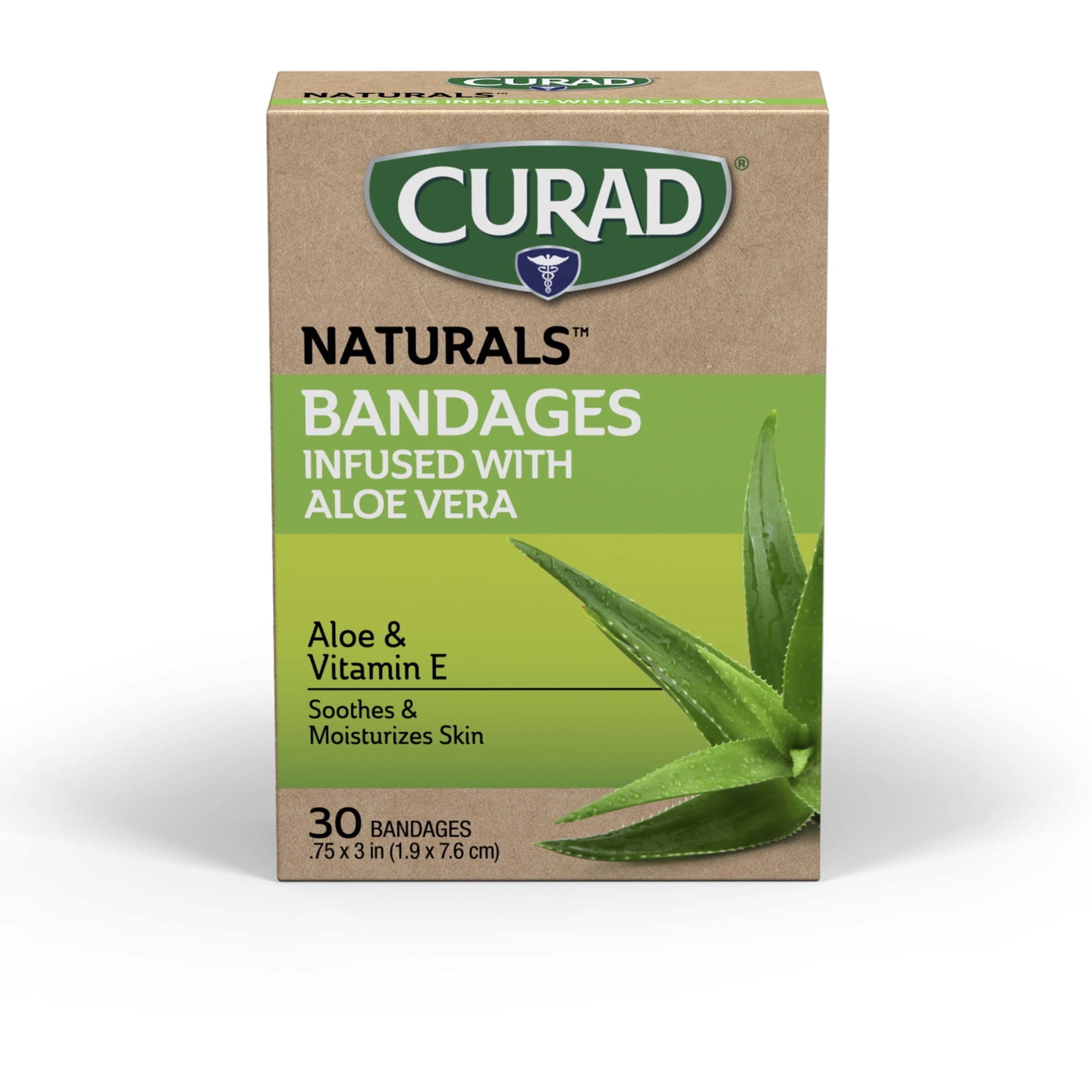 CURAD Naturals Aloe Vera & Vitamin E Fabric Bandages 3" x.75", For Scrapes & Cuts, Absorbent & Self-Adhesive, 30 Count,