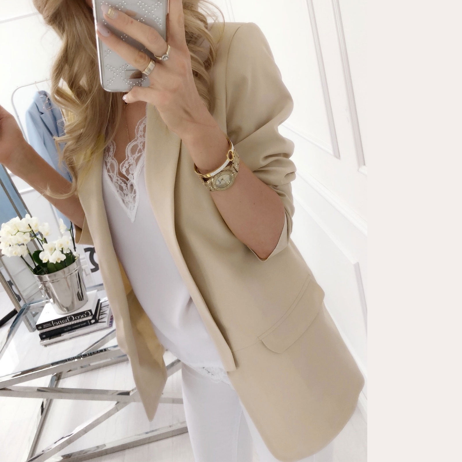 Womens Ladies Solid Turn Down Collar Jacket Long Sleeve Coat Outerwear Blazer Khaki XL - image 5