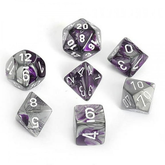 Purple and Steel Gemini Dice with White Numbers 7 Dice Set 16mm (5/8in) Chessex