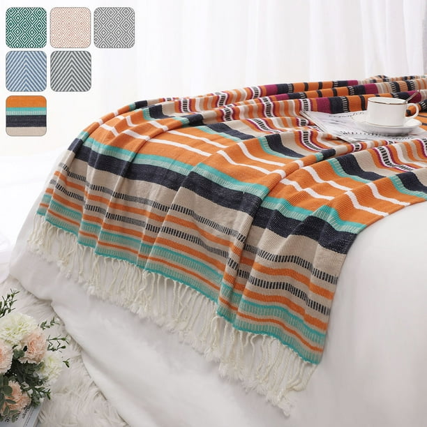 Bohemian Decorative Throw Blanket With Fringes In Herringbone Design