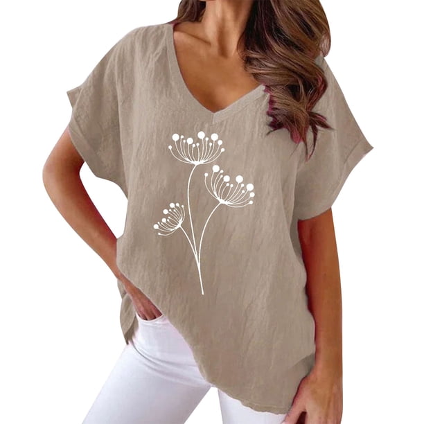 Gibobby Camisetas Mujer Baratas Manga Corta Camiseta informal suelta con cuello en V y estampado floral manga corta para mujer(Caqui,XL)