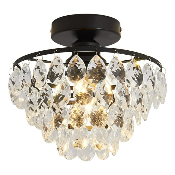 Yyjlx Modern Small Crystal Ceiling Light Fixture Mini Black Semi Flush Mount Chandelier Light Fixture For Hallway Bedroom Bathroom Closet E26