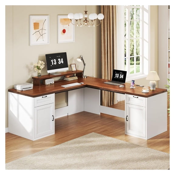 78" Farmhouse L Shaped Executive Desk with Drawers, Modern Computer Desk with Power Outlets, Office Writing Desk with Monitor Stand & Storage Cabinet, Printer Shelf, Antique White