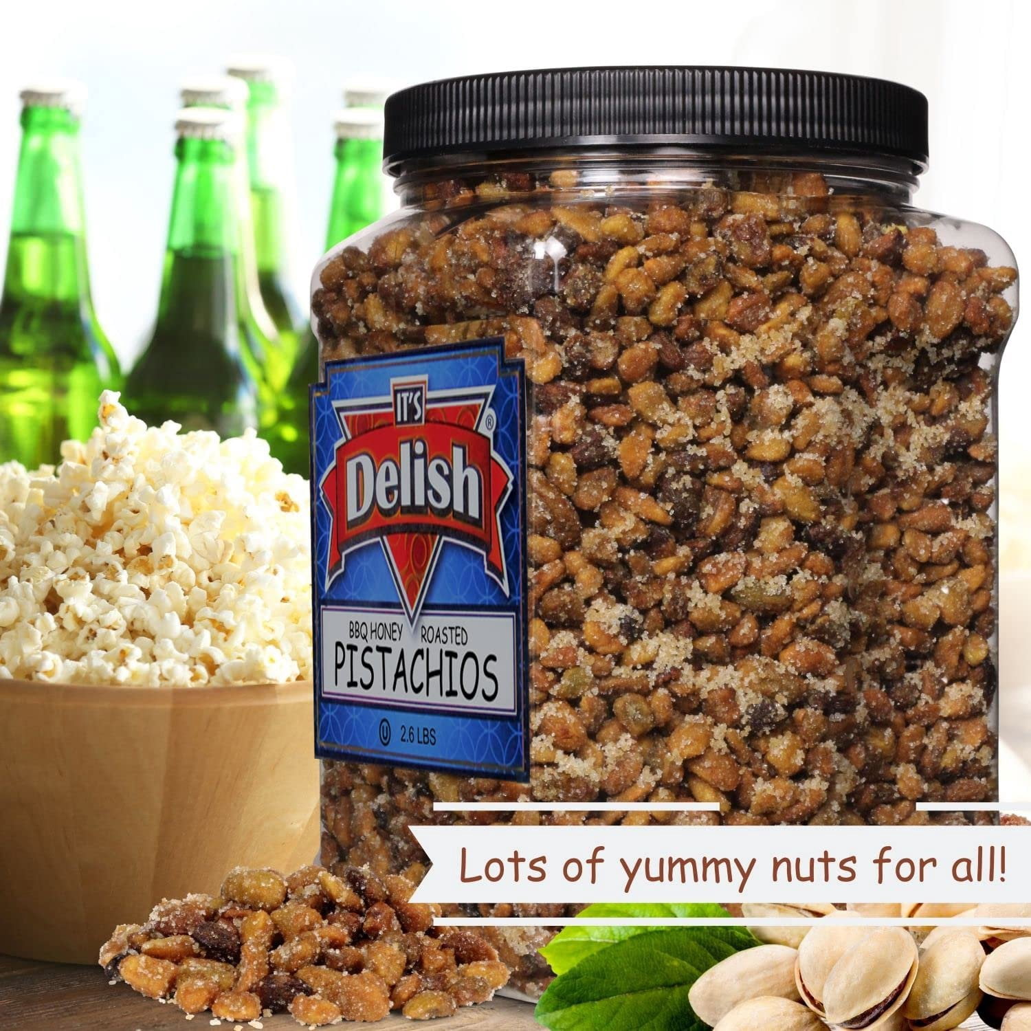 BBQ Honey Roasted Pistachio Shelled, No Shell by It's Delish, 2.6 LBS Reusable Jumbo Container  Gourmet Pistachio Shelled, No Shell in Honey Sugar Coating and Barbecue Seasoning, Sweet &...