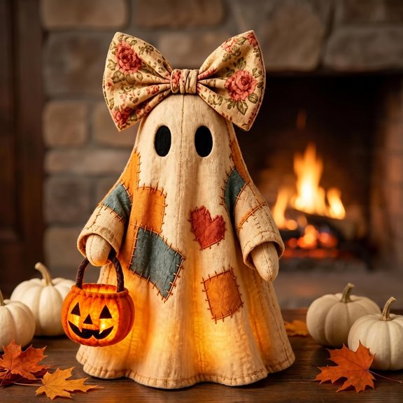 23.6" Lighted Vintage Patchwork Ghost, Light Up Ghost with Pumpkin Lantern Halloween Decor, Light Up Ghosts Lamp, LED Rustic Fall Figurine Decoration, Spooky Cute for Mantel Shelf Porch