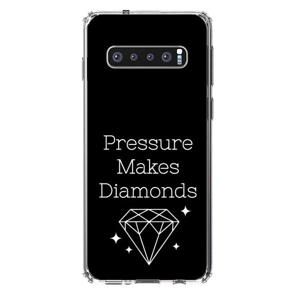 DistinctInk Clear Shockproof Hybrid Case for Samsung Galaxy S10  PLUS(6.4" Screen) - TPU Bumper, Acrylic Back, Tempered Glass Screen Protector - Pressure Makes Diamonds - Inspirational Quote