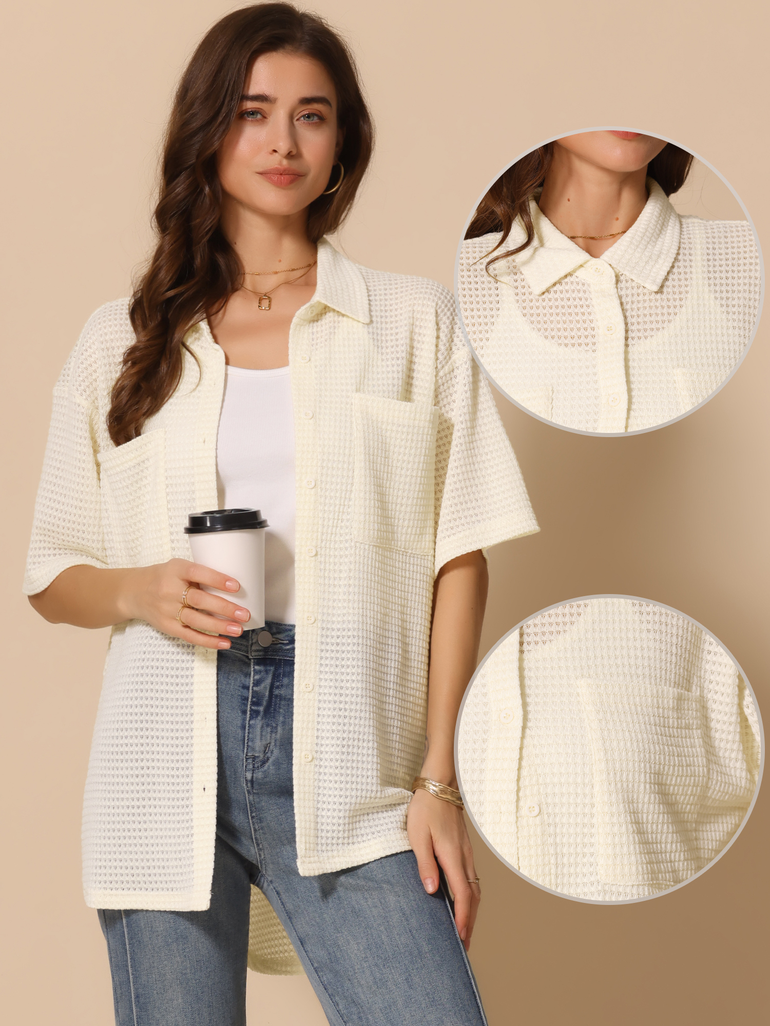 DARING DIVA Women's Short Sleeve Waffle Knit Summer Shirts Tops L Beige