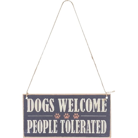 Hanging Wooden Plaque with Saying Density Board with Hemp Cord Rectangle Wooden Ornament with Word Dogs Welcome People Tolerated for Room Decor Gift Doghouse Decoration for DIY