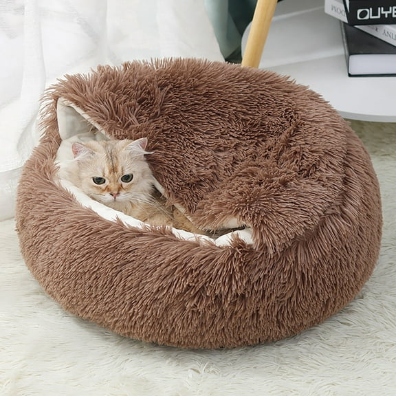 TOPRenddon Calming Dog Beds & Cat Cave Bed with Hooded Cover,Removable Washable Round Beds for Small Medium Pets,Anti-Slip Faux Fur Fluffy Coved Bed for Improved Sleep,Fits up to 11 lbs