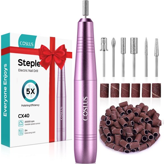 COSLUS CX40 Electric Nail Drill File,Professional Manicure Pedicure Tools with 6 Bits & Sanding Bands,for Acrylic Gel & Dip Nails,Low Noise-Pink
