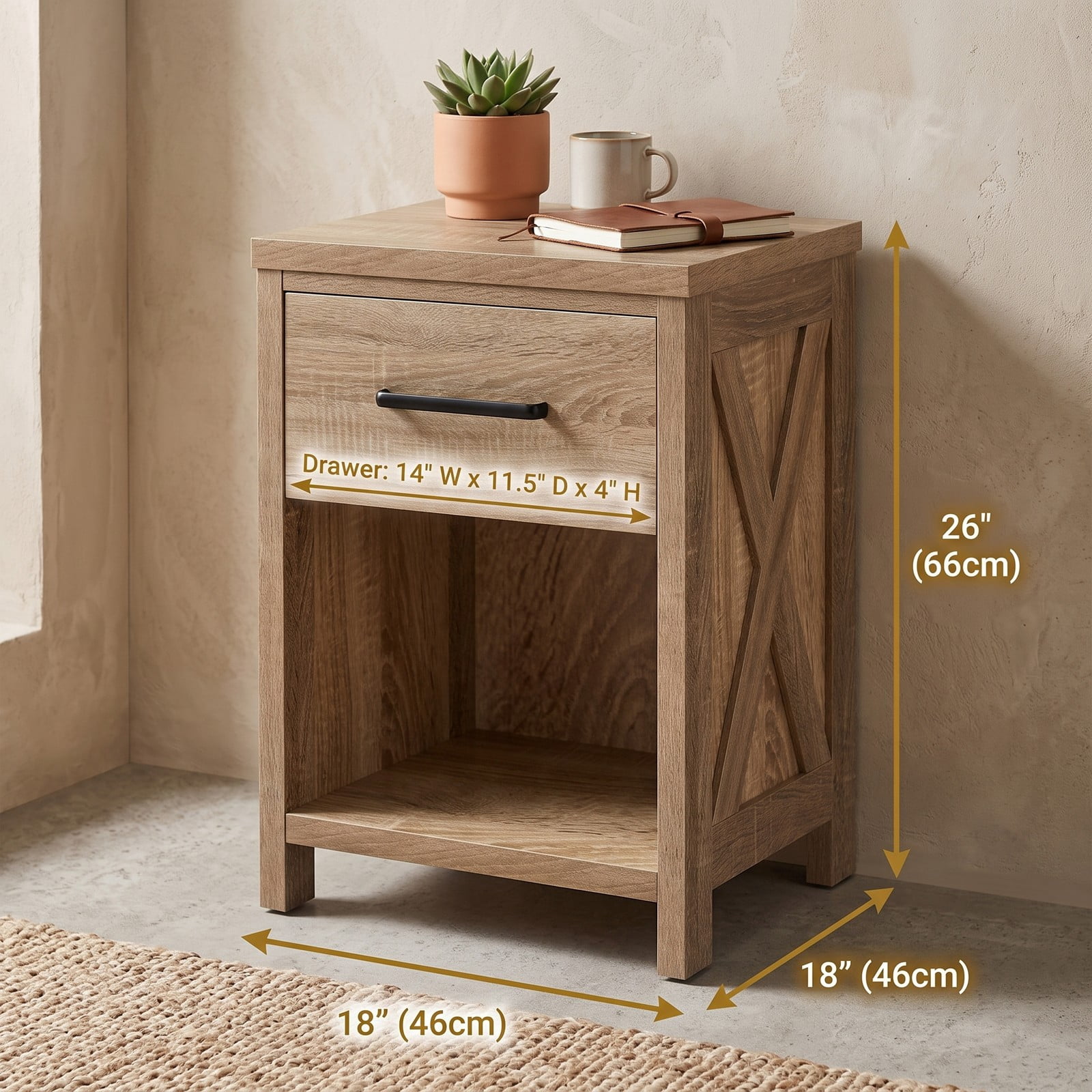 Furnibear Farmhouse Nightstand with Drawer and Open Shelf Bedside Table with X Side Accents for Bedroom Living Room, Natural