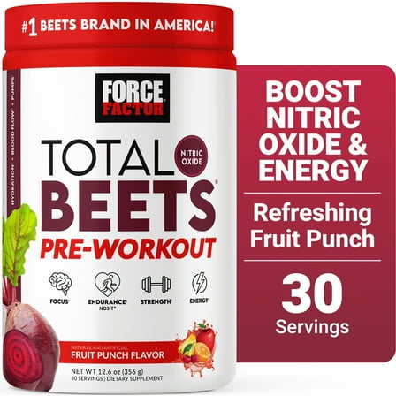 Force Factor Total Beets Pre Workout Powder, Nitric Oxide Booster with Beetroot Powder for Energy, Blood Flow & Pumps, Fruit Punch, 30 Servings