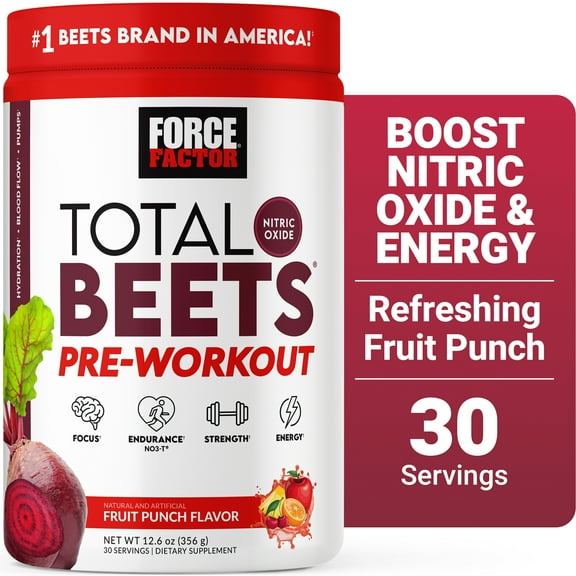 Force Factor Total Beets Pre Workout Powder, Nitric Oxide Booster with Beetroot Powder for Energy, Blood Flow & Pumps, Fruit Punch, 30 Servings