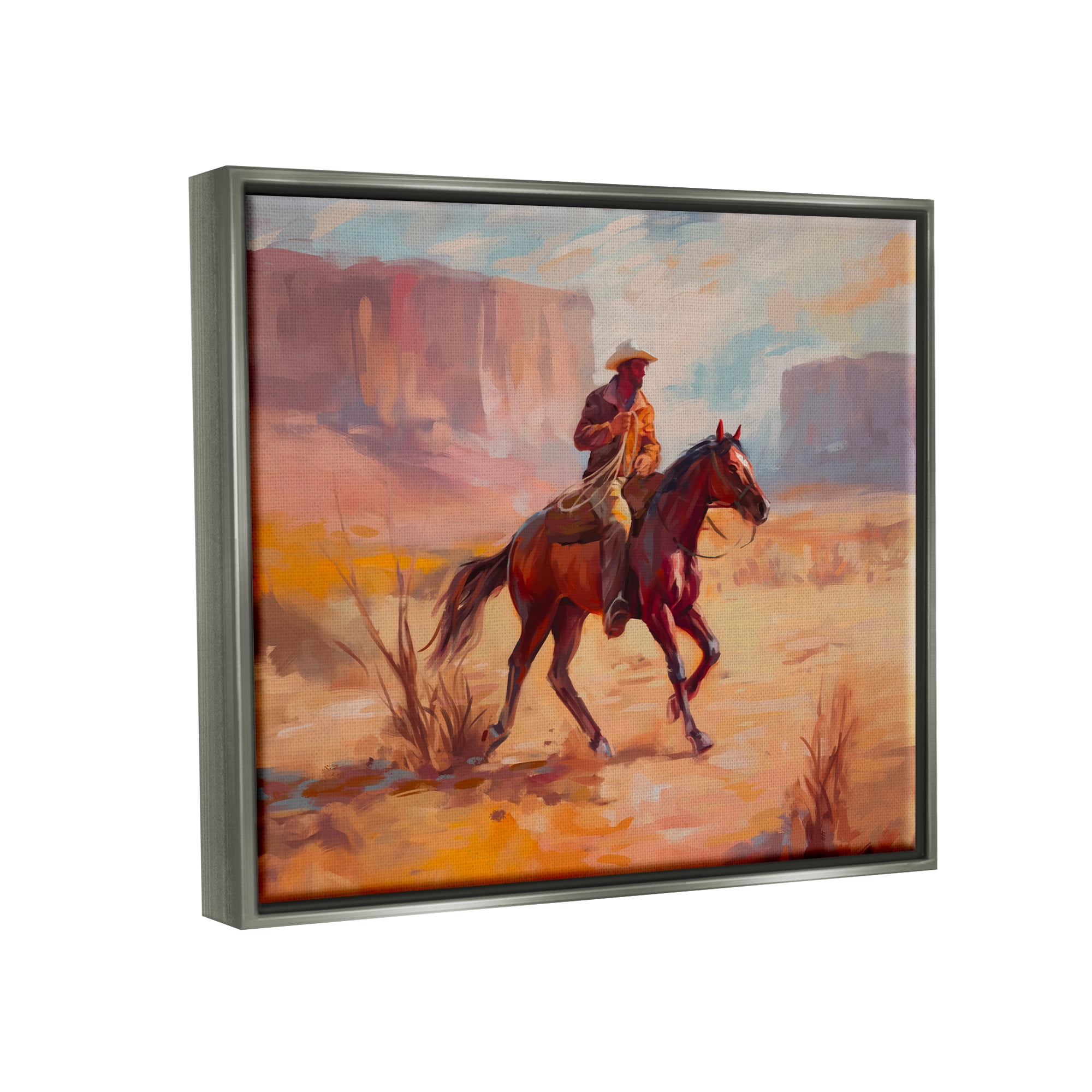 Stupell Industries Cowboy Riding Desert Landscape Animals & Insects Painting Gray Floater Framed Art Print Wall Art