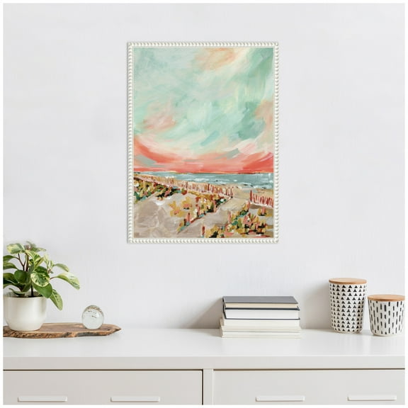 Kate and Laurel Landscape 03 Beach Framed Canvas Wall Art by Annie Quigley 18 x 24 Sylvie Beaded White, Coastal, Beach, Landscapes Art for Wall Decor, Living Room, Bedroom