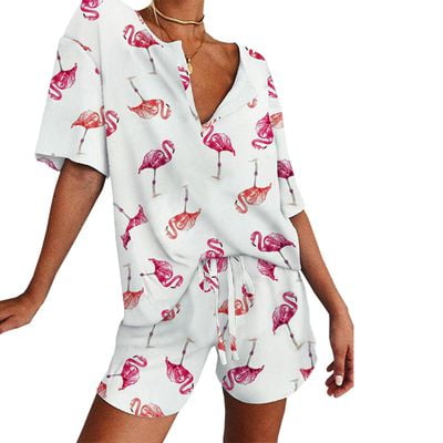 Flamingo Patterned Strappy Satin Shorts Pajamas Set for Women Comfortable and Stylish Home Wear
