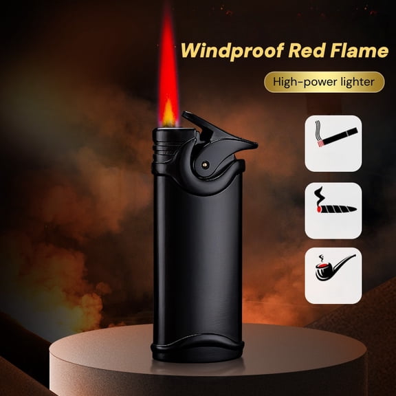 Premium Metal Windproof Lighter, Refillable Butane Lighter with Red Flame and Push Ignition, Adjustable Flame Pocket Lighter for Men and Outdoor Use, Butane Not Included