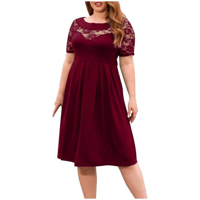Wedding Guest Dresses for Women Plus Size Elegant Lace Short Sleeve Ruffle Evening Party Cocktail Midi Dress