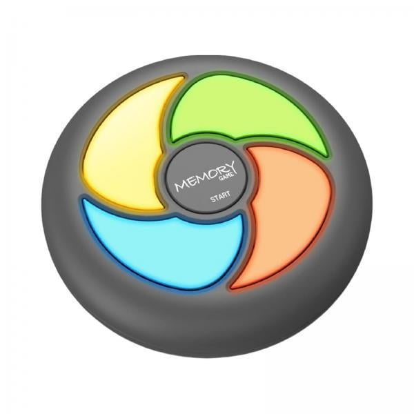 juego de memoria,entrenamiento de la memoria juego de rompecabezas con luz intermitente juguete — vista frontal de unidad circular estilo E con cuatro pads curvos iluminados en verde, naranja, azul y amarillo alrededor de un centro gris marcado “MEMORY START”; carcasa de plástico PP gris oscuro, tamaño de bolsillo (8 x 8 x 2.5 cm), modo de repetición de secuencias de luz y sonido para entrenamiento de memoria; suele usarse para juegos competitivos entre niños.