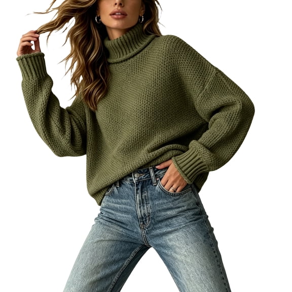 Women's Turtleneck Knit Sweaters Long Sleeve Pullover Tops, Casual Relaxed Fit Textured Sweater Shirts for Daily Wear