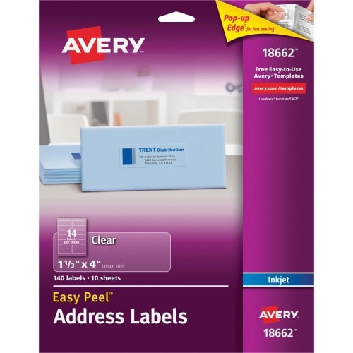 Avery Address Labels, Sure Feed, 1-1/3'x4' 140 Clear Labels (18662) Permanent Adhesive - 1.33' Height x 4' Width - Rectangle - Inkjet - Clear - Film - 14 / Sheet - 10 Total Sheets - 140 Total Lab