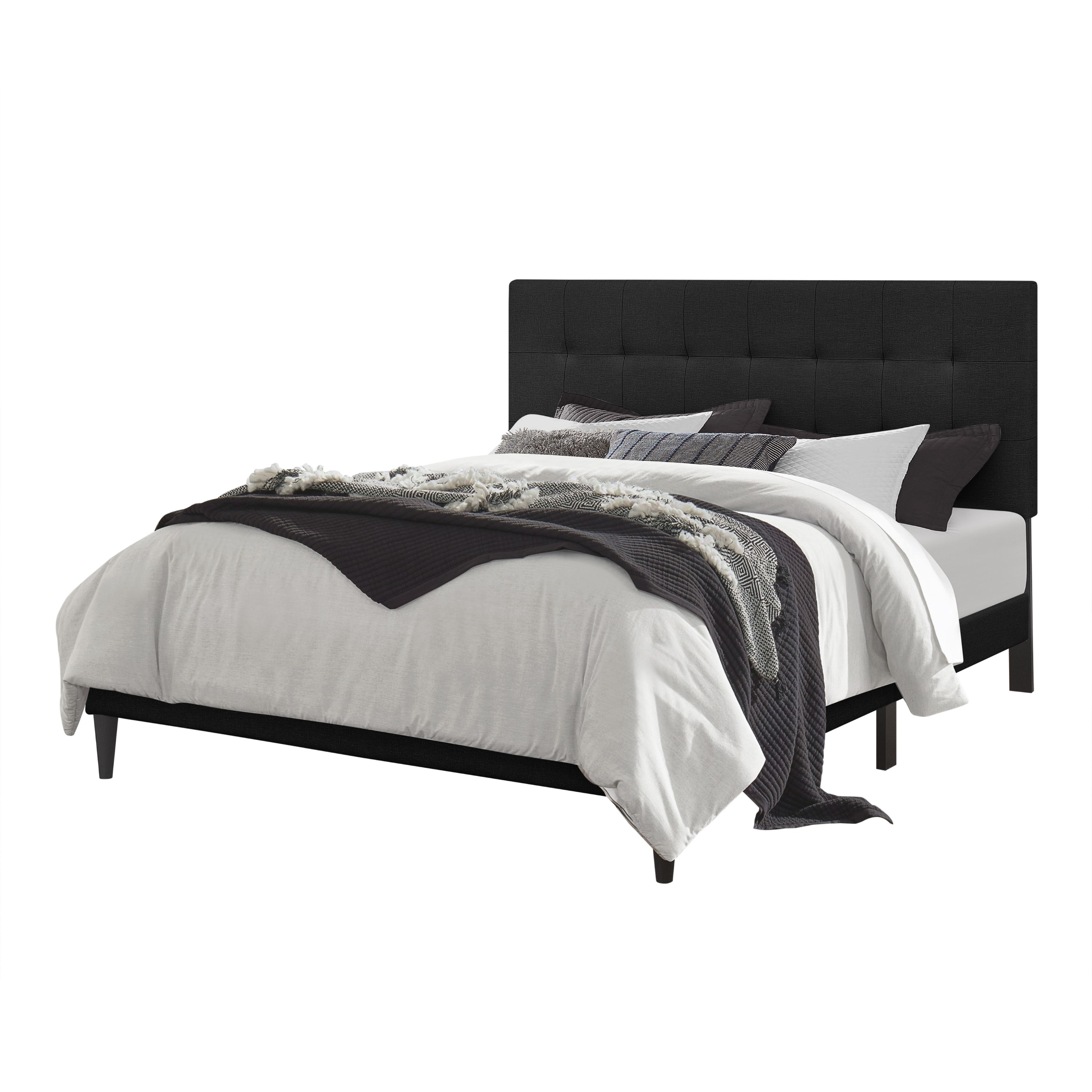 Home Design Evanston Full Tufted Upholstered Platform Bed with Slatted Wood and Foam-Padded Headboard, Black, Easy Assembly
