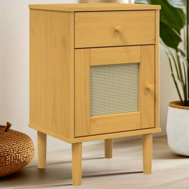 Stylish Rattan Look Bedside Cabinet in Brown Solid Pine Wood 15. 7x13. 8x25. 6 Inches