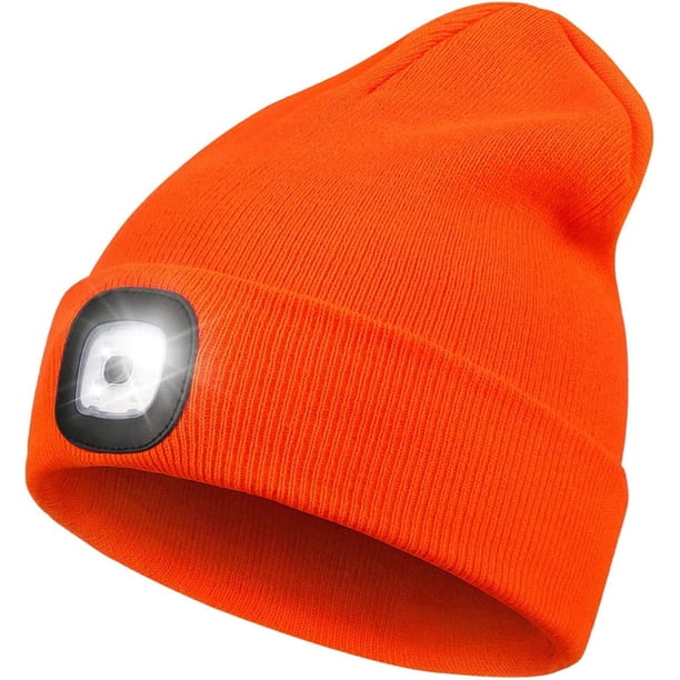 Gorro de punto con luz LED y linterna frontal, unisex, con 4 LED, recargable por USB, ideal para el invierno (naranja)