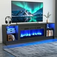 thumbnail image 3 of Dovov 70" LED TV Stand for TVs Up to 80", Wooden Modern Entertainment Center Media Console Table with 36" Electric Fireplace, LED Light and Glass Shelves, Black, 3 of 9