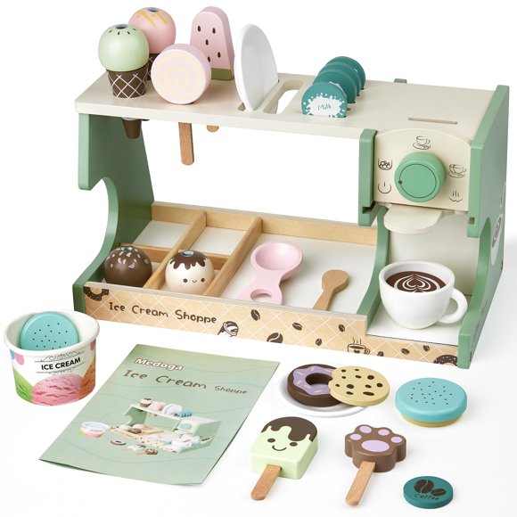 Wooden Ice Cream Toy, 3-in-1 Ice Cream Counter with Coffee Maker 28 PCS Toddler Pretend Play Kitchen Accessories Wooden Toys for 3 4 5 6 Year Old Girl or Boy (Ice Cream)