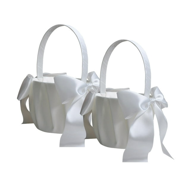 Yuarrent Cesta de flores con lazo romántico de diseño Simple de 2 piezas, cestas para portador de anillo de compromiso de boda, decoración de Decoración del hogar Blanco natural