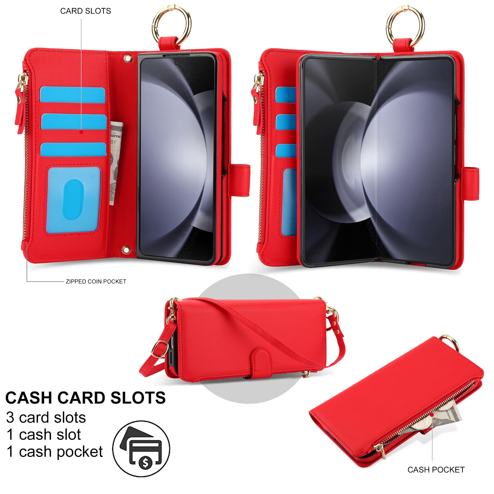 ChicShell Wallet Flip Case for Samsung Galaxy Z Fold 7, RFID Blocking Cards Slots Zipper Pocket Hand Strap Shockproof Stand Phone Case Cover with Crossbody Lanyard for Women Girls, Red