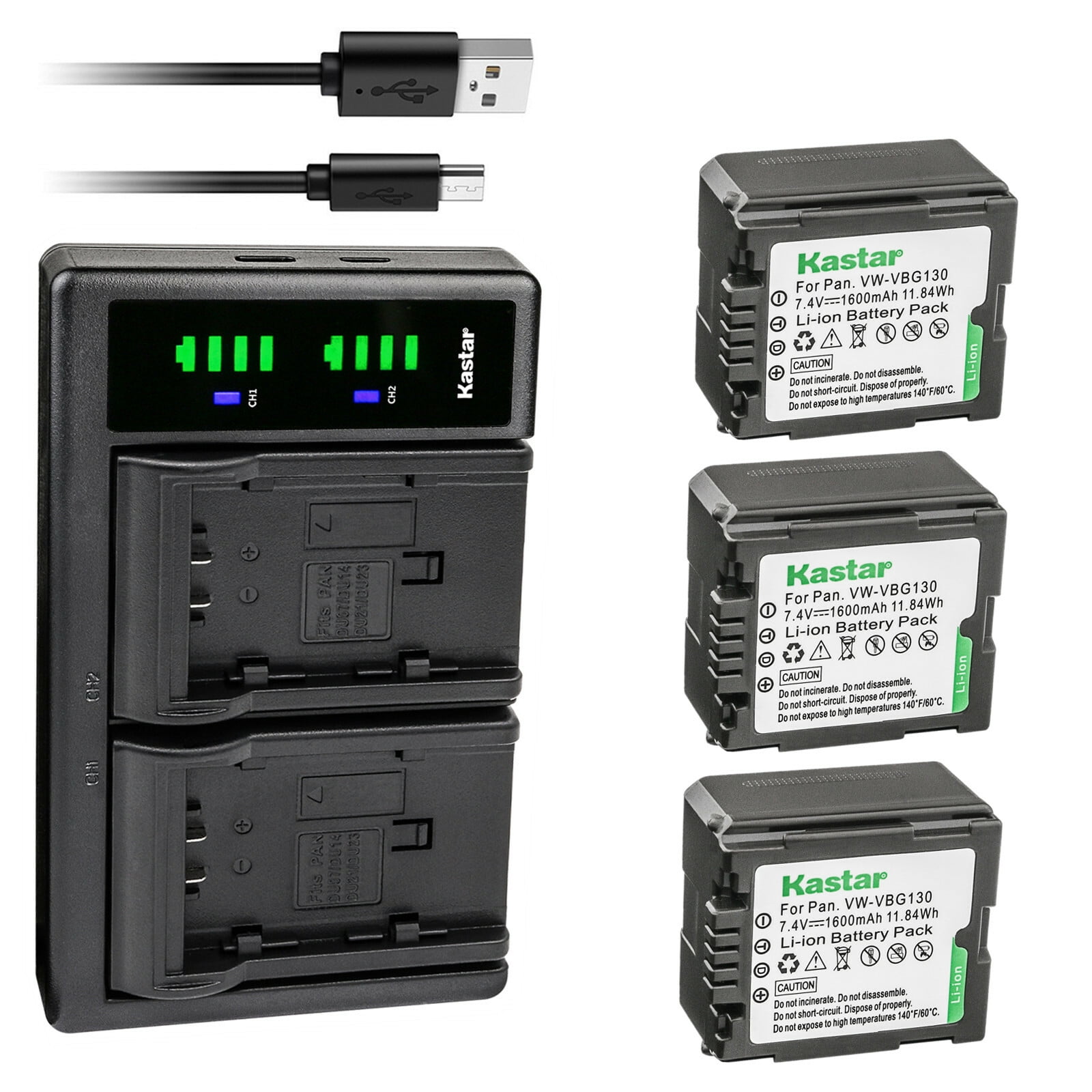 Kastar 3-Pack VW-VBG130 Battery and LTD2 USB Charger Replacement for Panasonic HDC-HS9GK HDC-HS20 HDC-HS20K HDC-HS100 HDC-HS100GK HDC-HS200 HDC-HS250 HDC-HS250K HDC-HS300 HDC-HS300K