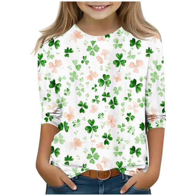 COM1950s Jour de la Saint-Patrick, Haut Décontracté en Forme de Cœur à Manches Trois-Quarts et Col Rond pour Enfants, Jour de la Saint-Patrick pour Enfants