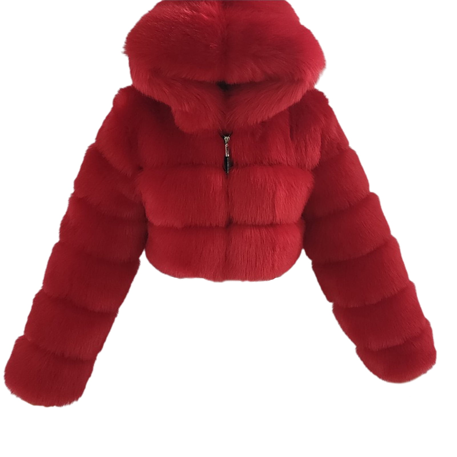 red patchwork fuzzy hooded coat