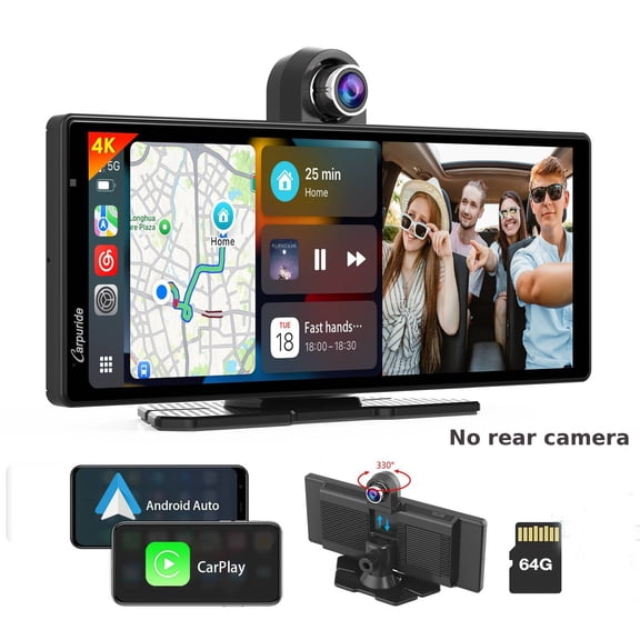 Carpuride 4K Front Dash Cam Wireless Carplay Android Auto Wireless Adapter 10.26" HD IPS Touch Car Audio Stereo Screen YouTube videos，SuperLink,Voice Control