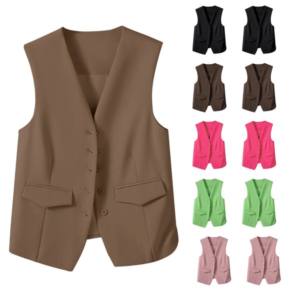 Juebong Women's Suit Vest Tops Trendy V Neck Sleeveless Work Dressy Waistcoat Blazer Button Down Blazer Vests with Pockets Coffee,XL