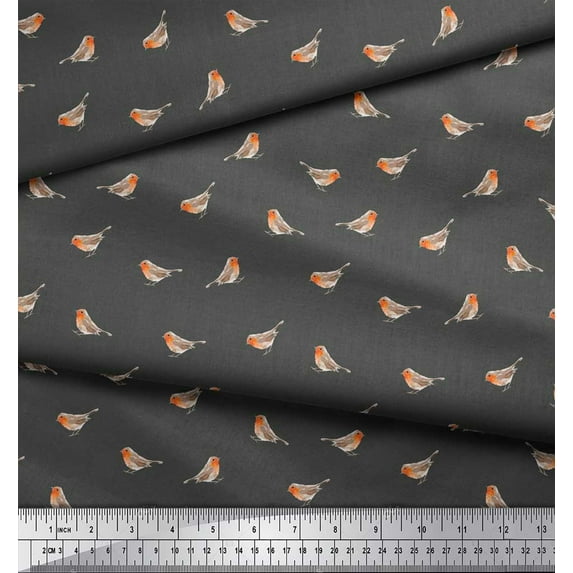 Soimoi Gray Poly Georgette Fabric American Robin Bird Fabric Prints by Yard 42 Inch Wide