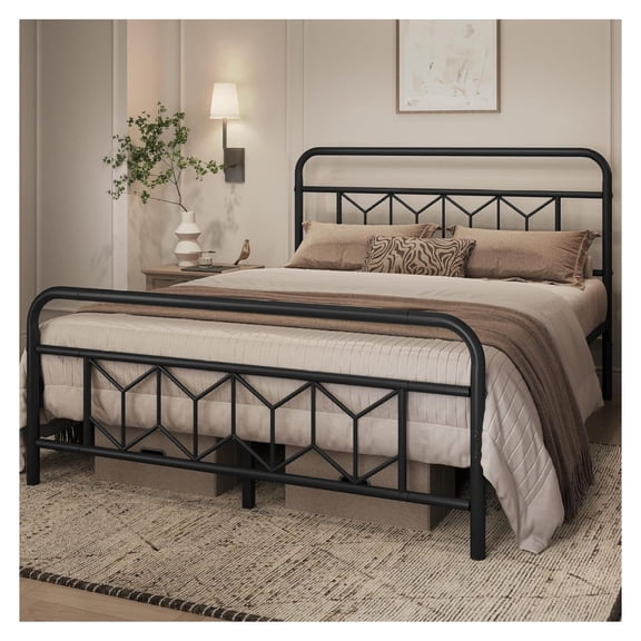 Queen Bed Frames Metal Platform Bed with Vintage Style Headboard/Mattress Foundation/No Box Spring Needed/Under Bed Storage/Strong Slat Support Black Queen Bed