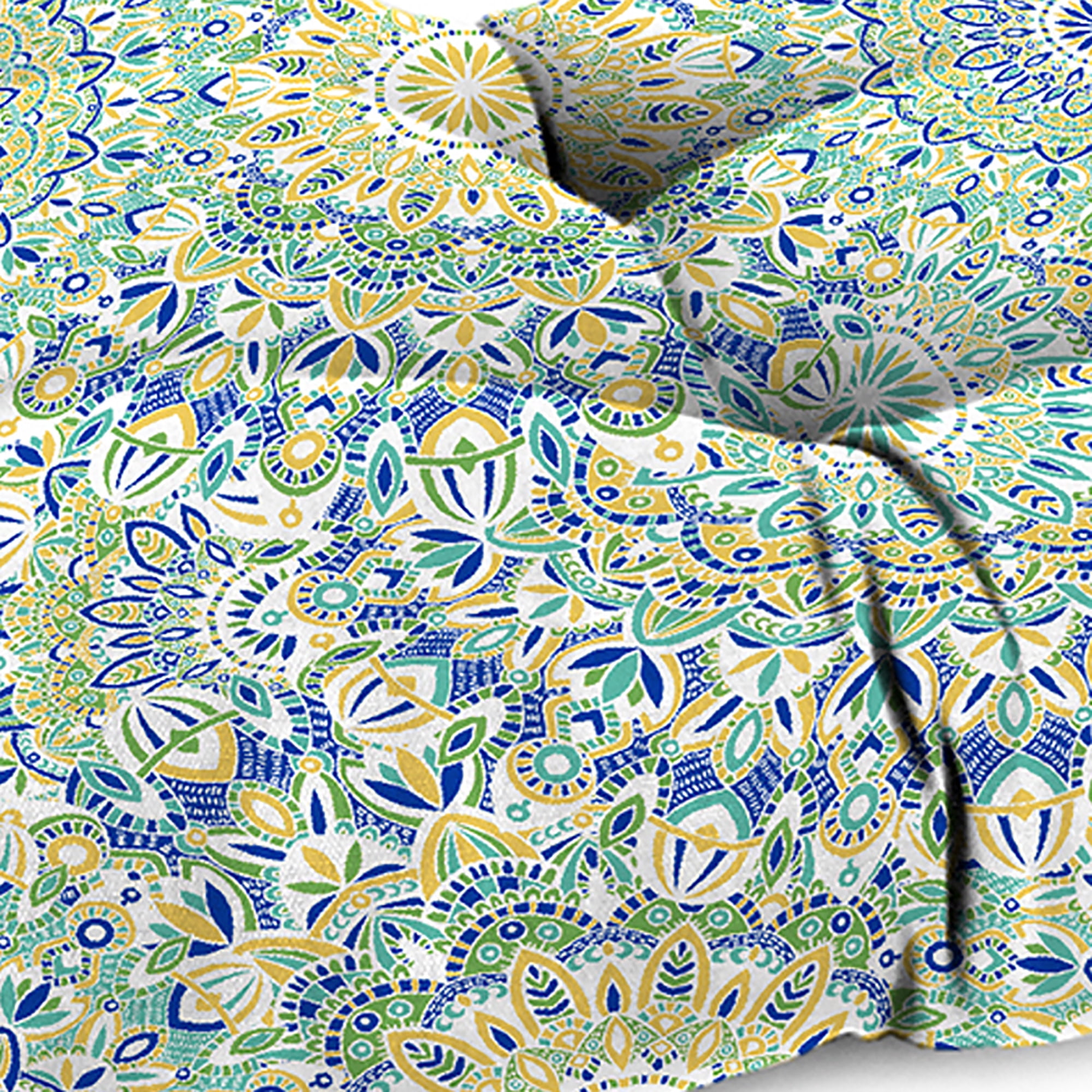 Jordan Manufacturing 44" x 18" Alonzo Fresco Blue and Green Medallion Rectangular Tufted Contoured Outdoor Wicker Settee Bench Cushion