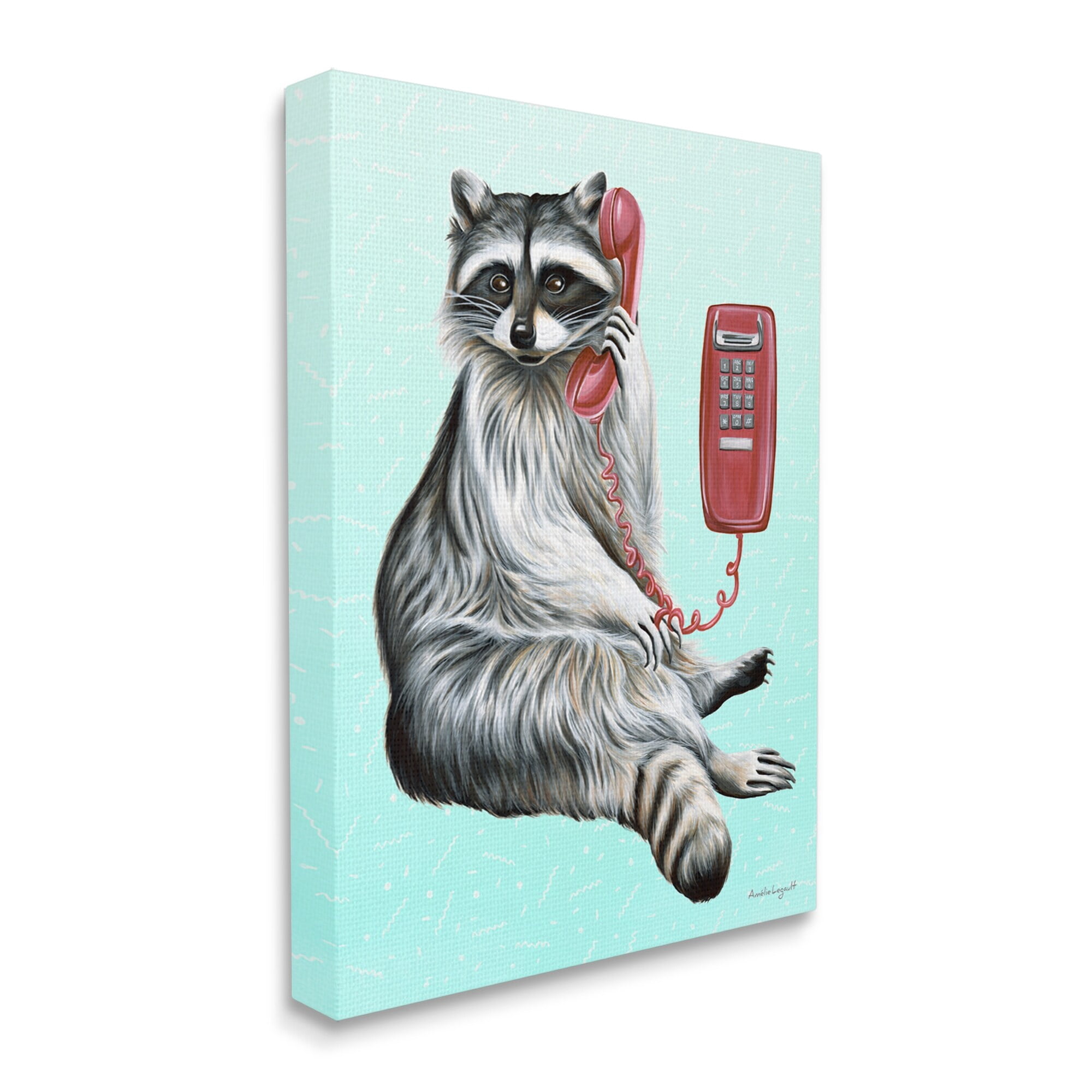 Stupell Industries Raccoon Lounging Cord Phone Vivid Turquoise Background Graphic Art Gallery Wrapped Canvas Print Wall Art, Design by Amelie Legault