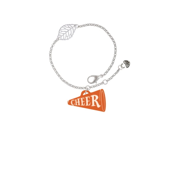 Delight Jewelry Acrylic 1.25" Orange Cheer Megaphone - Silvertone Leaf Delicate Bracelet, 6.25 1.75"
