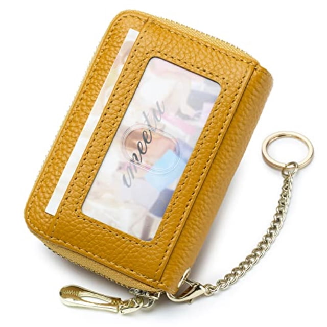 imeetu RFID Credit Card Holder, Small Leather Zipper Card Case Wallet with Removable Keychain ID Window, Yellow