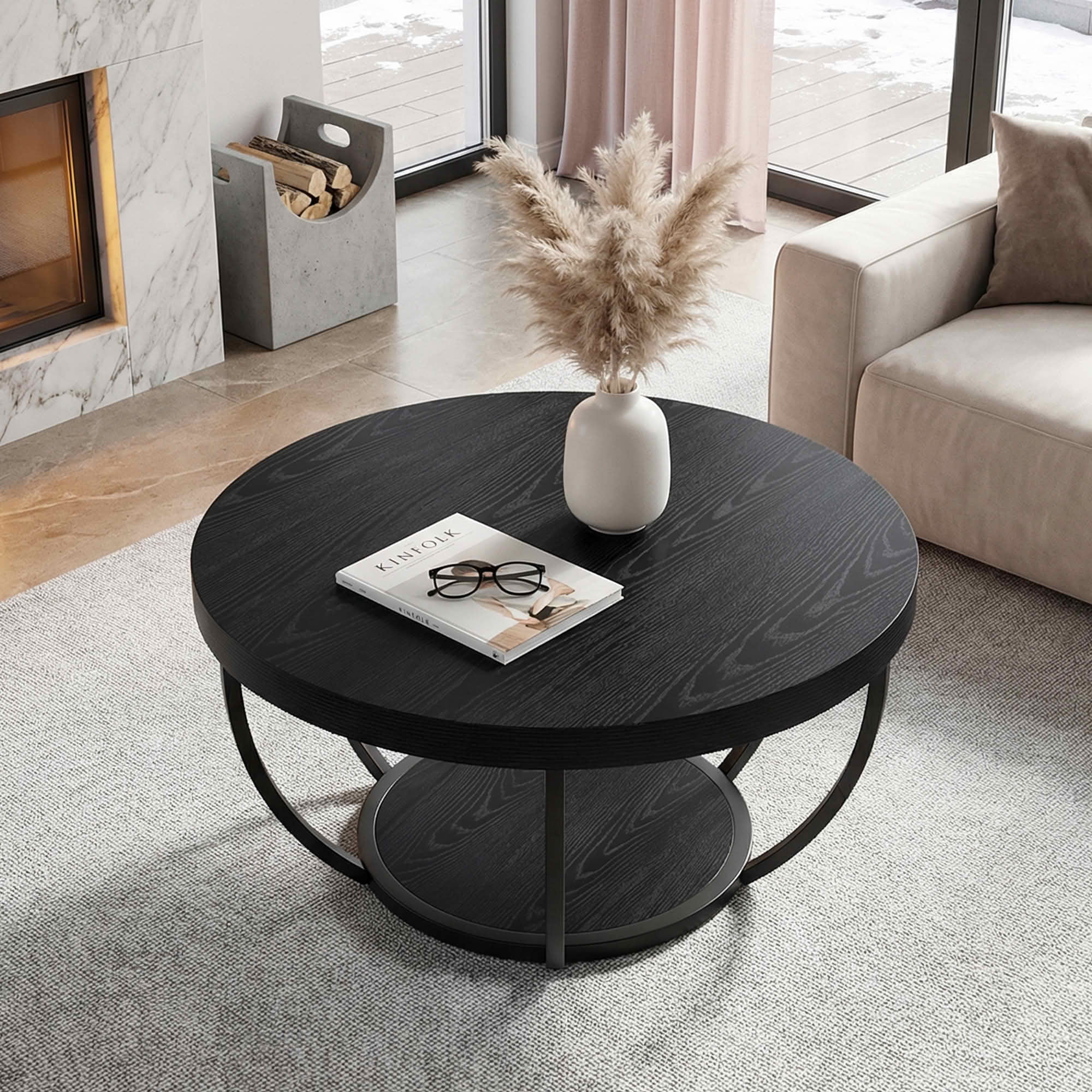MAYEETY 2-Tier Round Wooden Coffee Table Living Room Storage Table